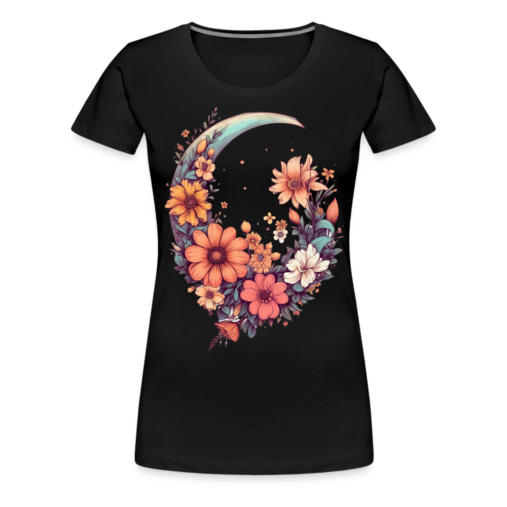 Blumen mit Mond - Frauen Premium T-Shirt - Schwarz