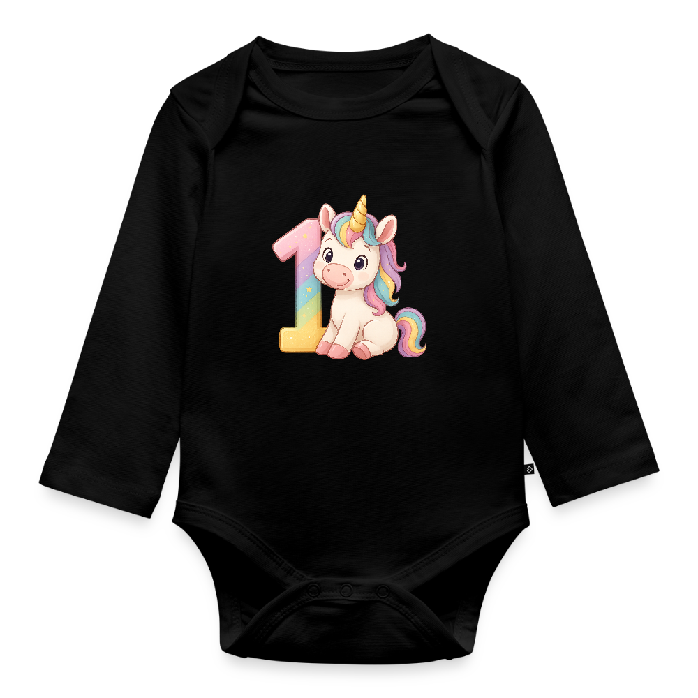 1. Geburtstag Einhorn - Baby Bio Langarm Body - Schwarz