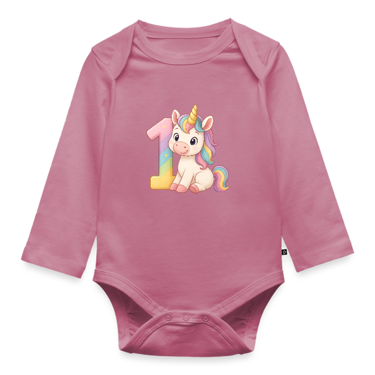 1. Geburtstag Einhorn - Baby Bio Langarm Body - Mauve