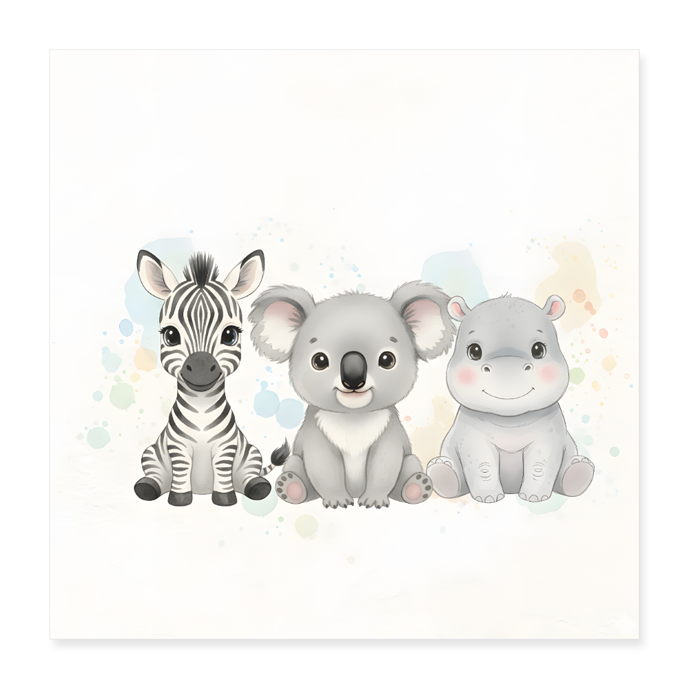 Koala Zebra Nilpferd Poster 40x40 cm - Weiß