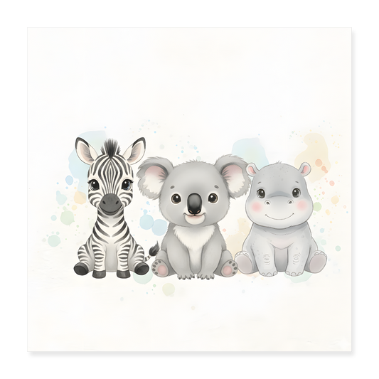 Koala Zebra Nilpferd Poster 40x40 cm - Weiß